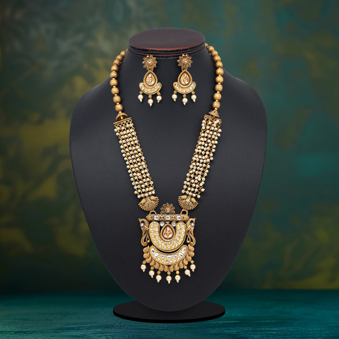 Gold Color Vilandi Kundan Matte Gold Rajwadi Temple Necklace Set (TPLN331GLD)