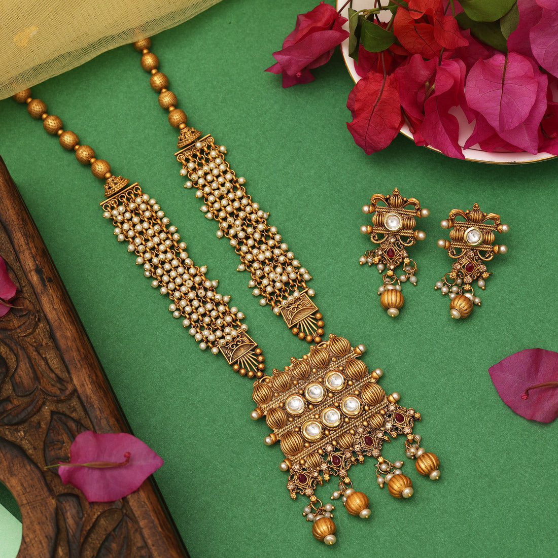 Rani Color Kundan Matte Gold Rajwadi Temple Necklace Set (TPLN334RNI)