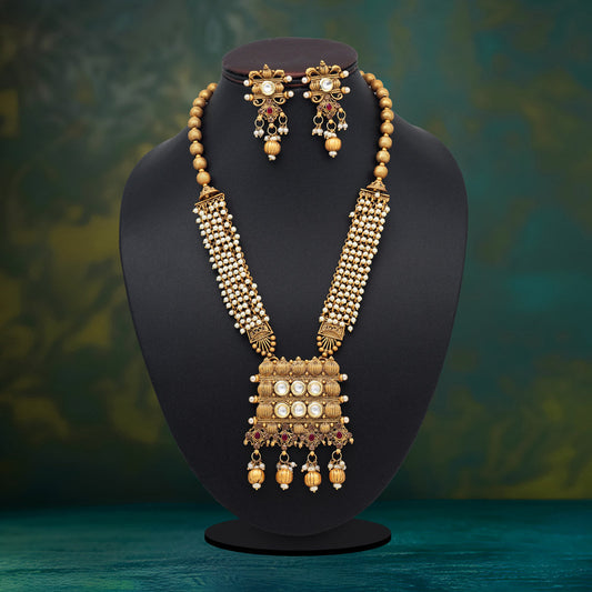 Rani Color Kundan Matte Gold Rajwadi Temple Necklace Set (TPLN334RNI)