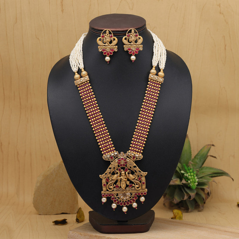 Rani Color Lord Krishna Long Temple Necklace Set (TPLN608RNI)