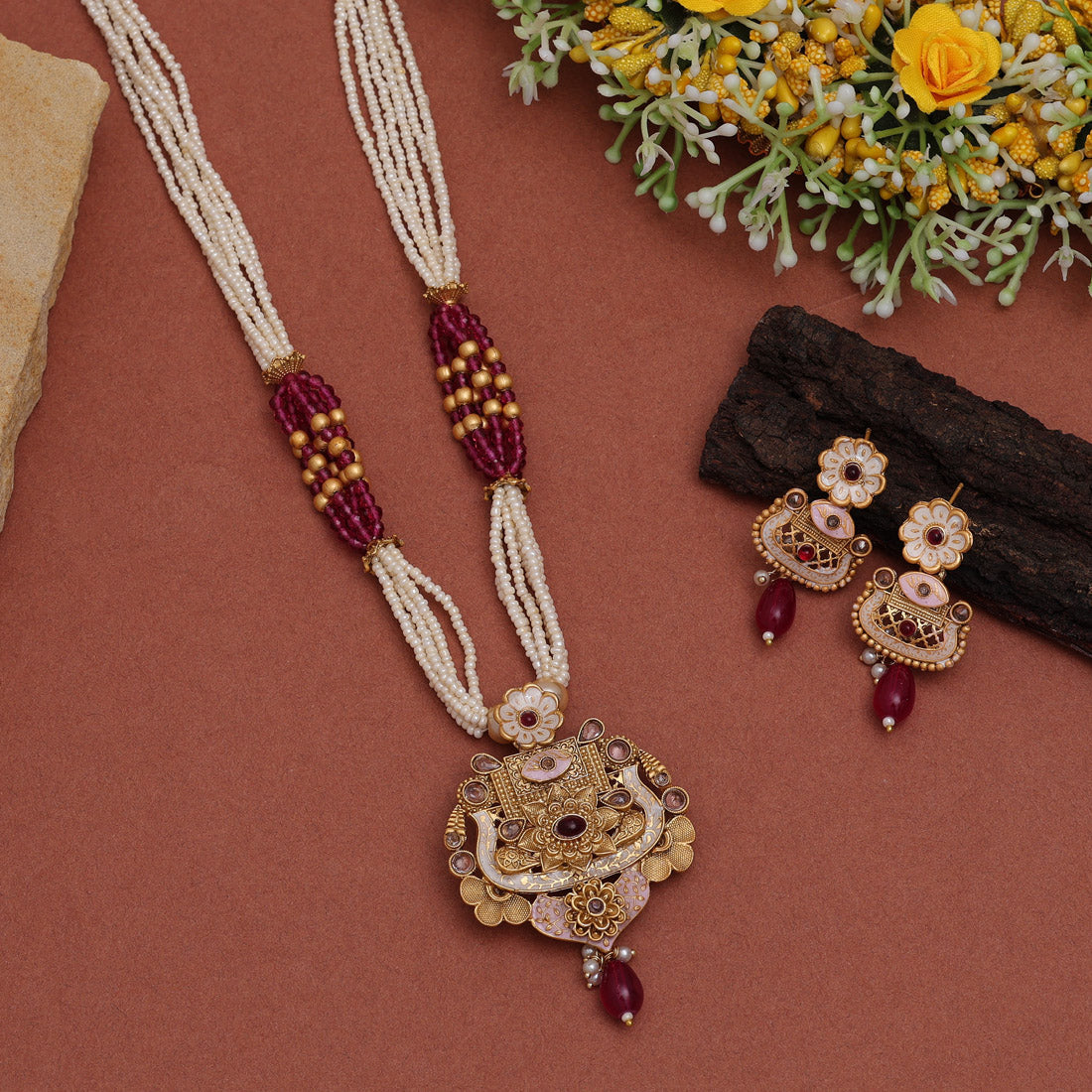 Rani Color Meena Work Rajwadi Matte Gold Necklace Set (TPLN615RNI)