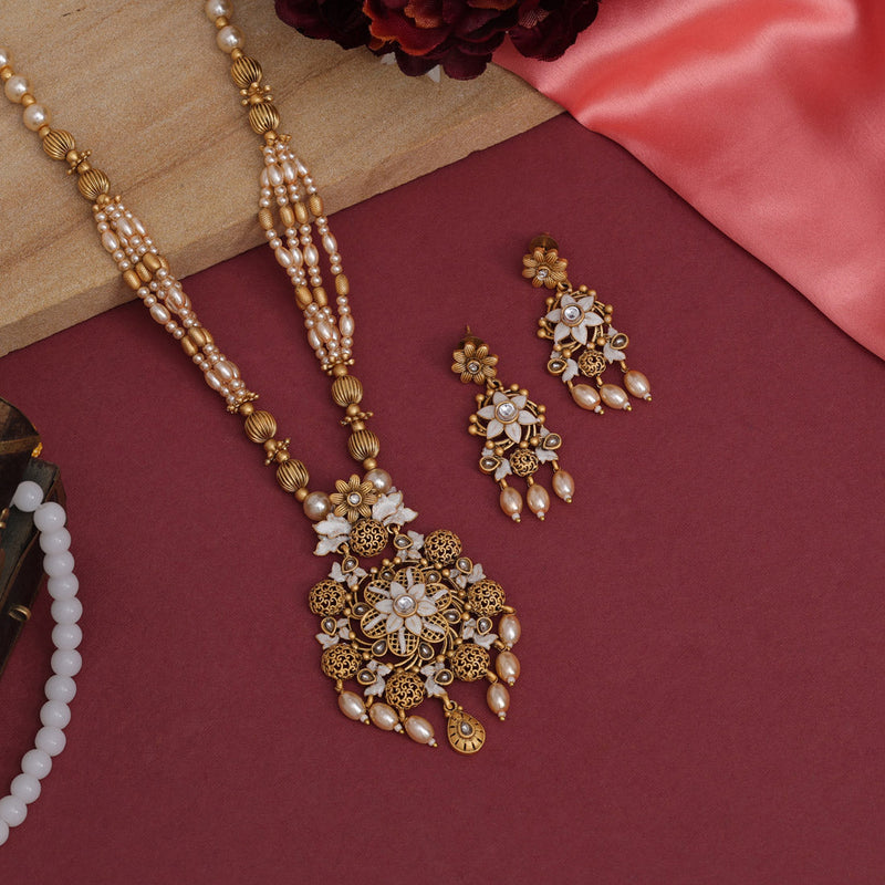 Gold Color Meena Work Temple Necklace Set (TPLN617GLD)