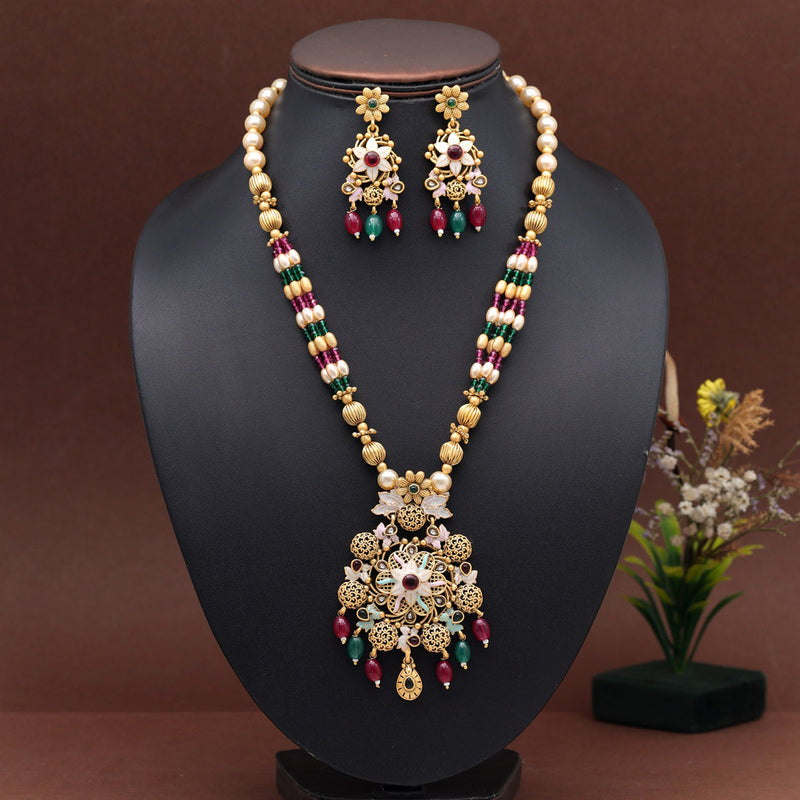 Rani & Green Color Meena Work Temple Necklace Set (TPLN617RNIGRN)