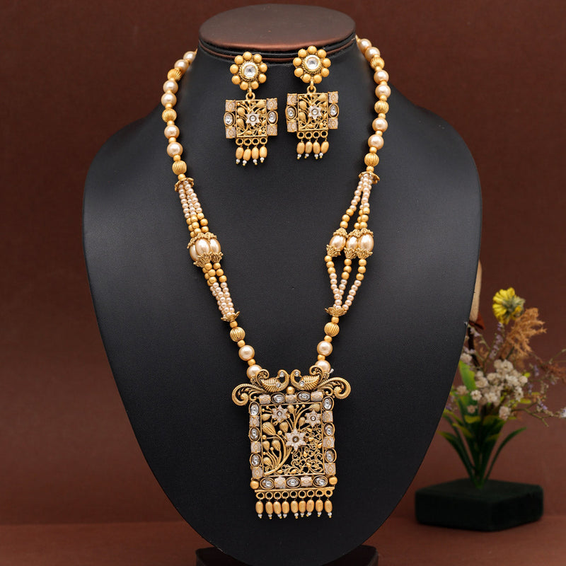 Gold Color Meena Work Temple Necklace Set (TPLN619GLD)