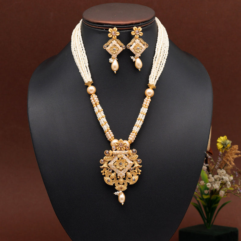 Gold Color Meena Work Temple Necklace Set (TPLN621GLD)