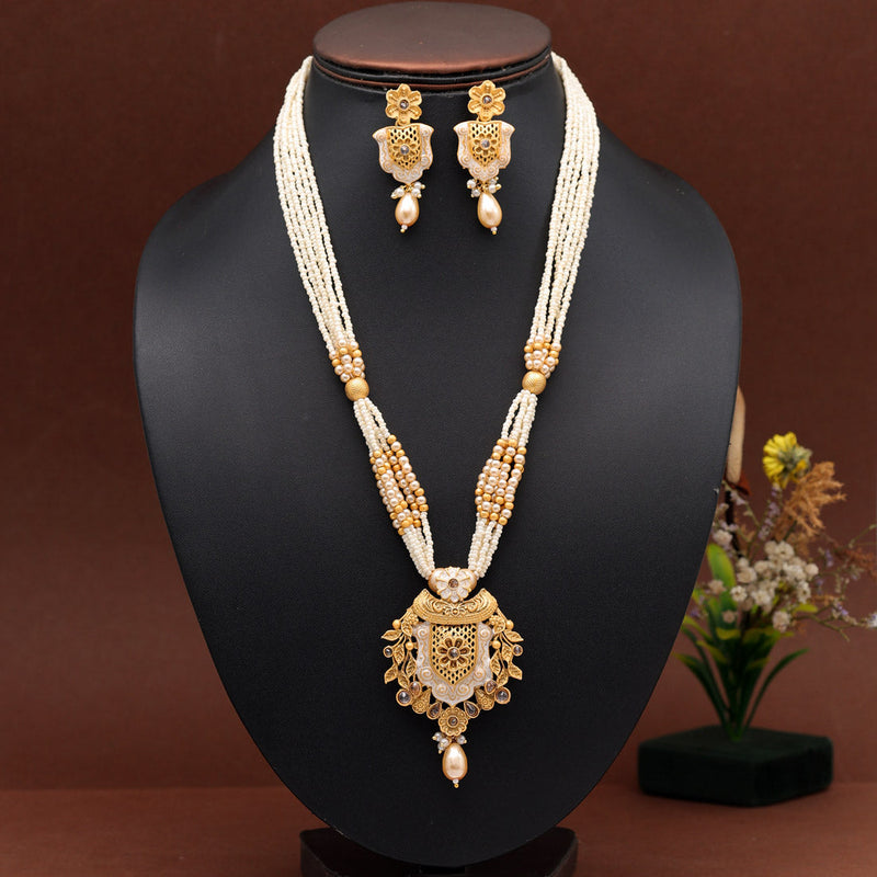 Gold Color Meena Work Temple Necklace Set (TPLN622GLD)