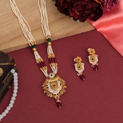 Rani & Green Color Meena Work Rajwadi Temple Necklace Set (TPLN622RNIGRN)