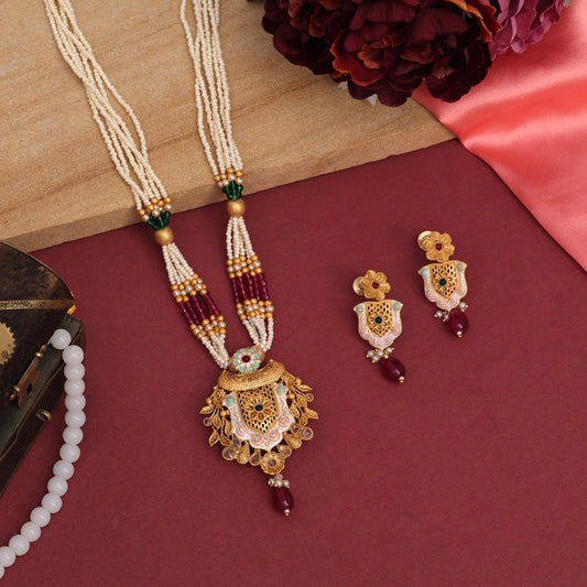 Rani & Green Color Meena Work Rajwadi Temple Necklace Set (TPLN622RNIGRN)