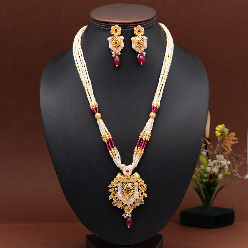 Rani Color Meena Work Temple Necklace Set (TPLN622RNI)