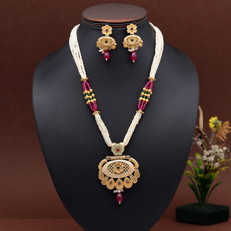 Rani & Green Color Meena Work Temple Necklace Set (TPLN623RNIGRN)