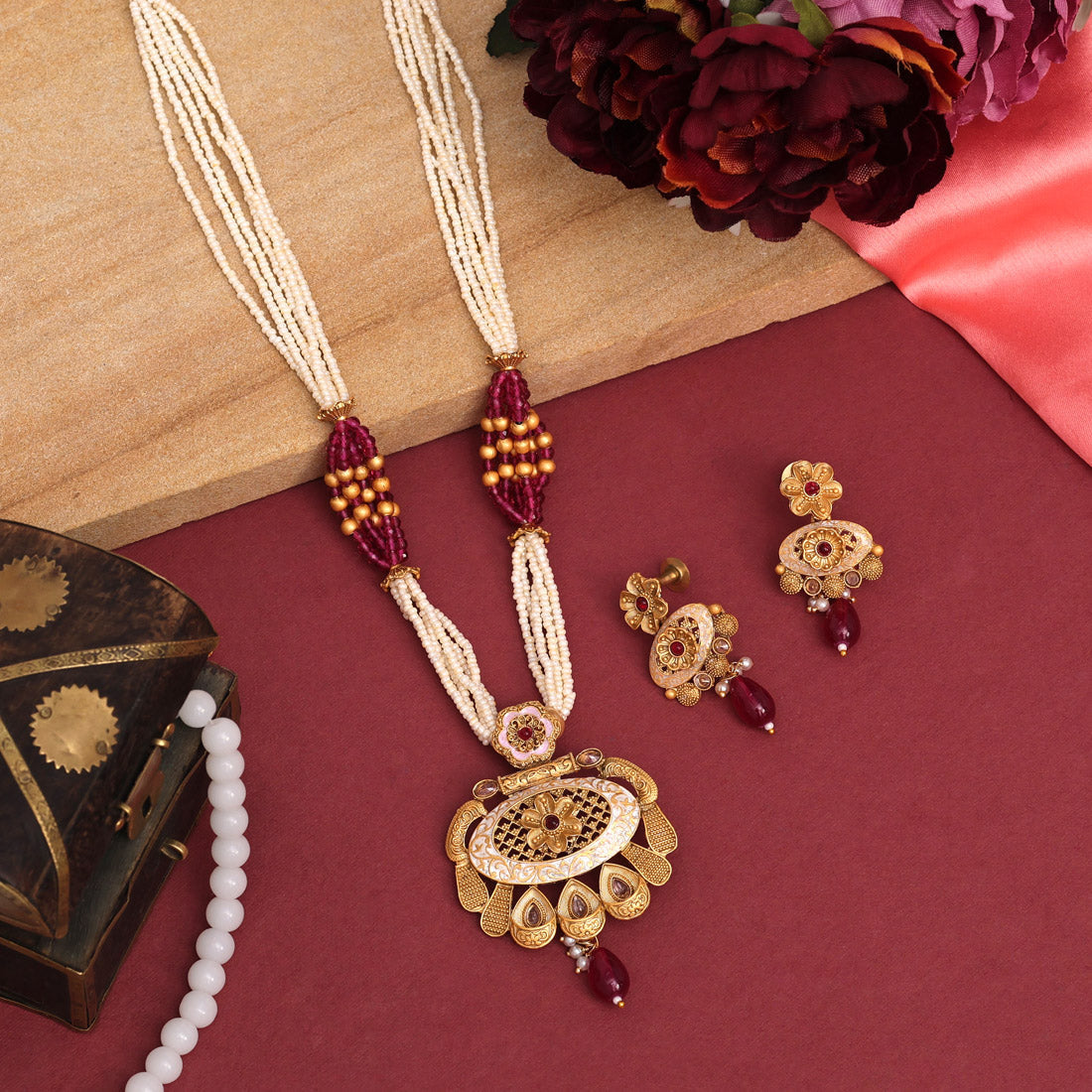 Rani Color Meena Work Rajwadi Temple Necklace Set (TPLN623RNI)