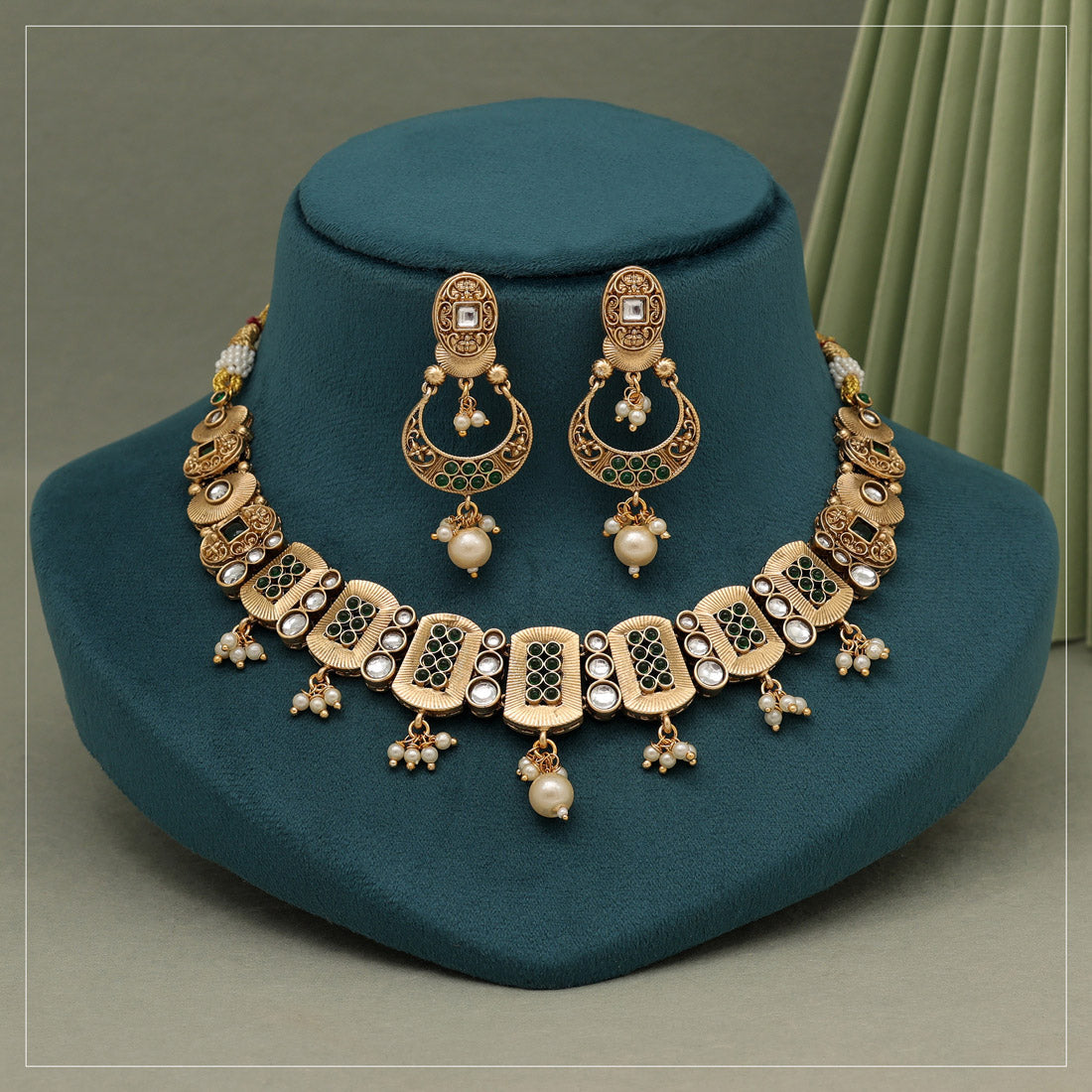 Green Color Rajwadi Matte Gold Necklace Set (TPLN626GRN)