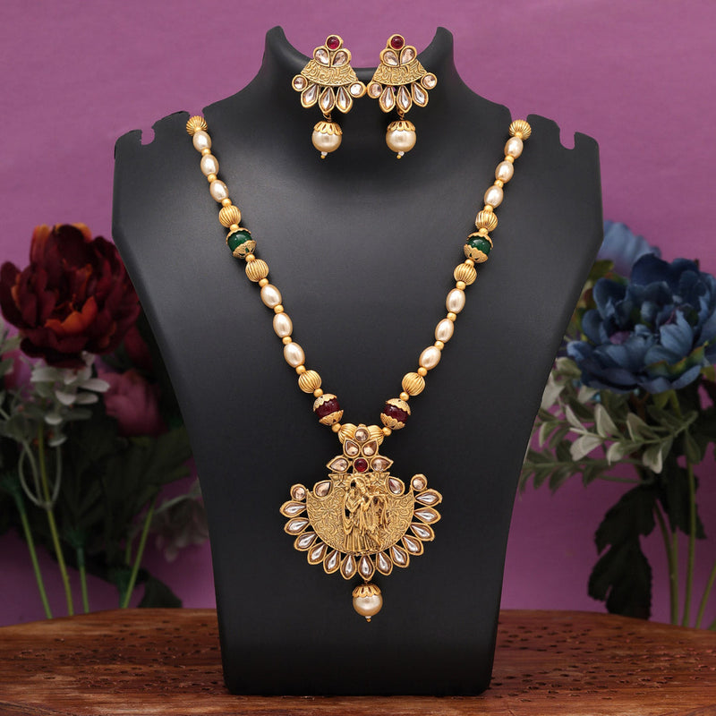 Maroon & Green Color Lord Radha Krishna Temple Necklace Set (TPLN629MG)