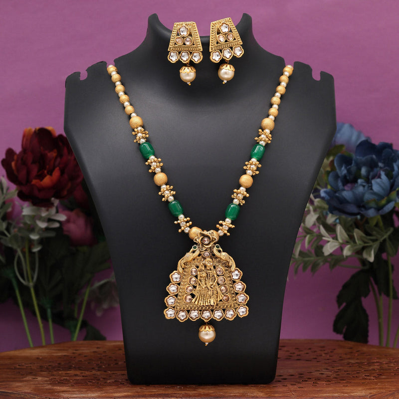 Green Color Lord Radha Krishna Temple Necklace Set (TPLN631GRN)