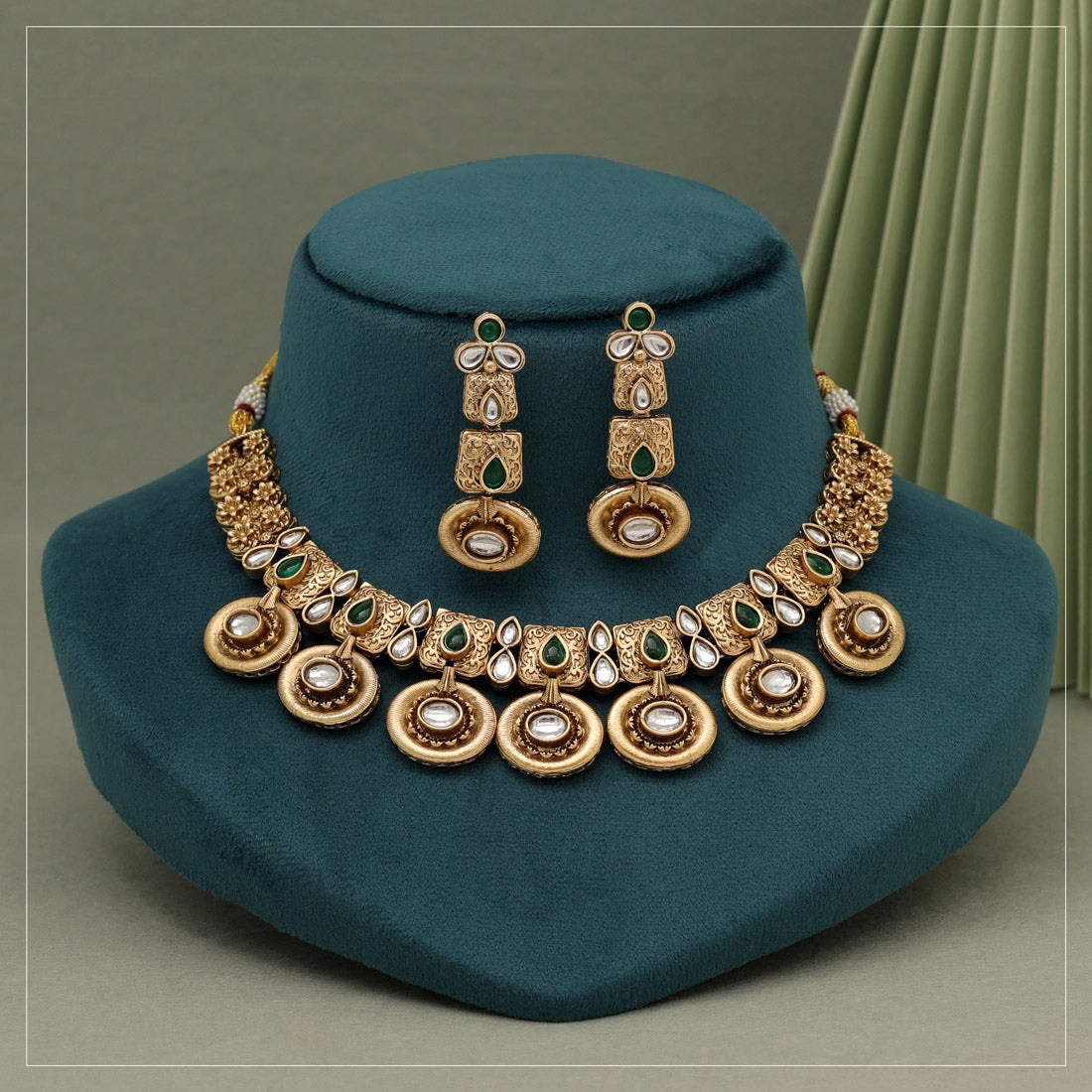 Green Color Rajwadi Matte Gold Necklace Set (TPLN636GRN)