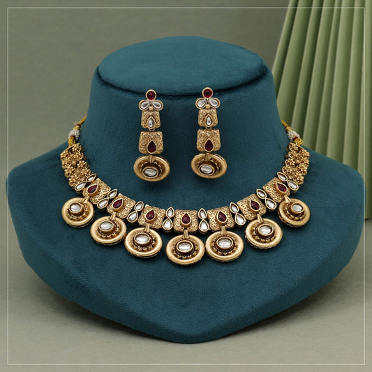 Rani Color Rajwadi Matte Gold Necklace Set (TPLN636RNI)