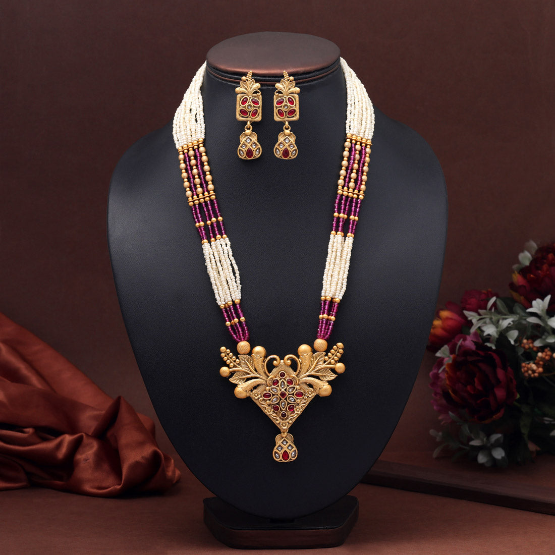 Rani Color Rajwadi Matte Gold Necklace Set (TPLN639RNI)