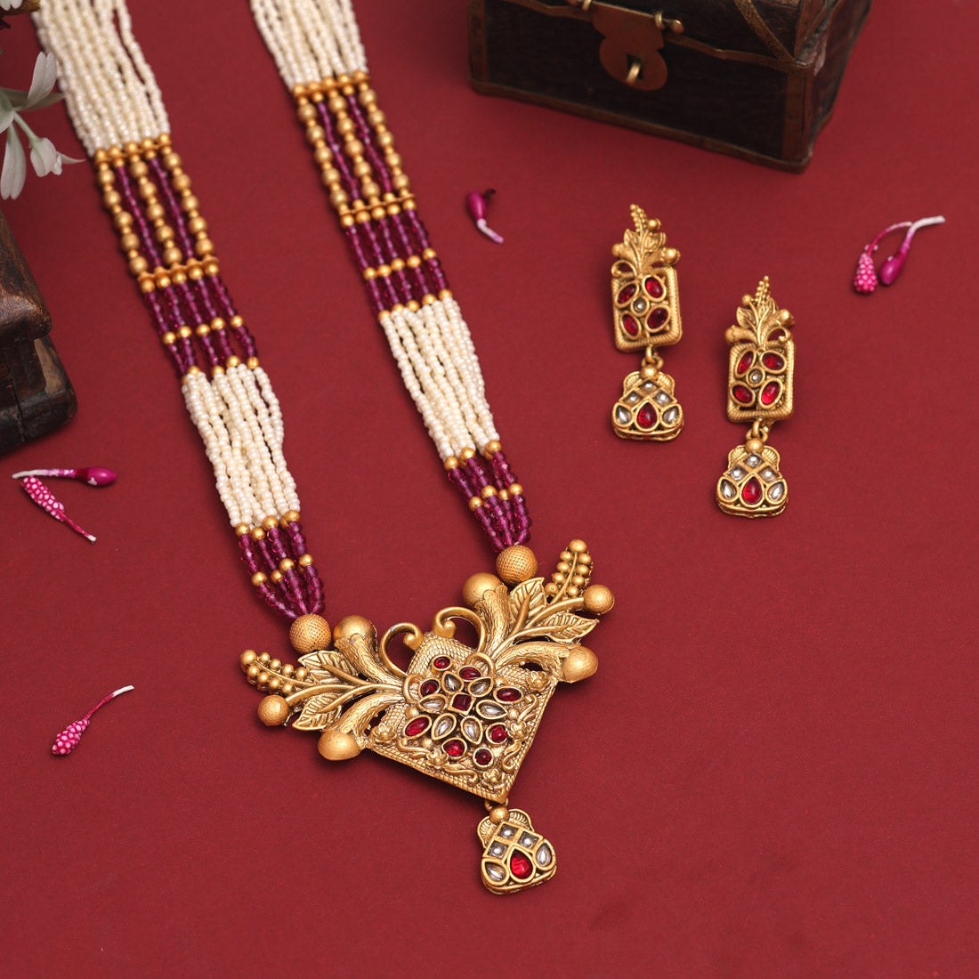 Rani Color Rajwadi Matte Gold Necklace Set (TPLN639RNI)