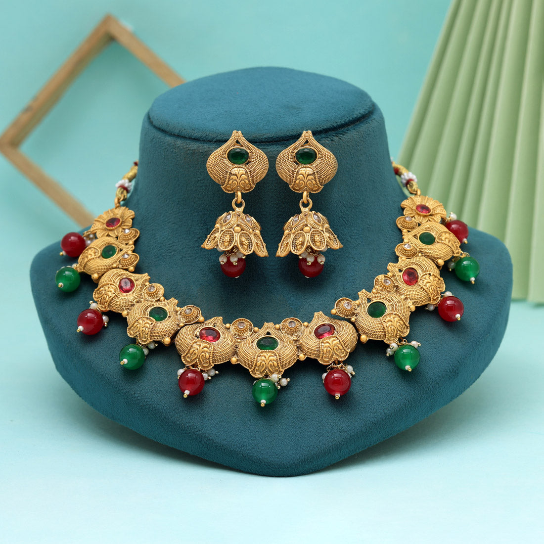 Maroon & Green Color Matte Gold Rajwadi Temple Necklace Set (TPLN655MG)