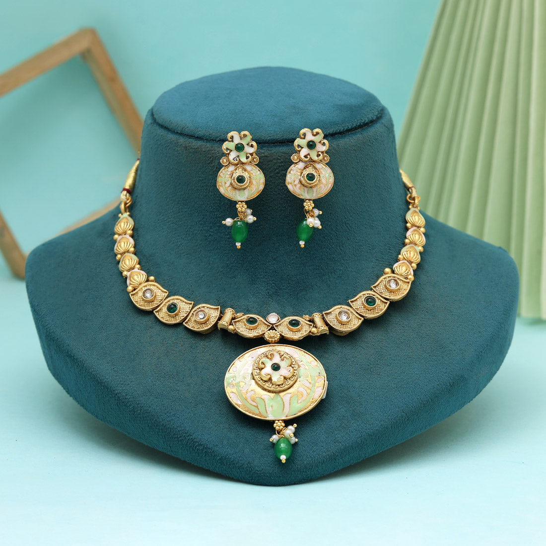 Green Color Meena Work Matte Gold Rajwadi Temple Necklace Set (TPLN657GRN)
