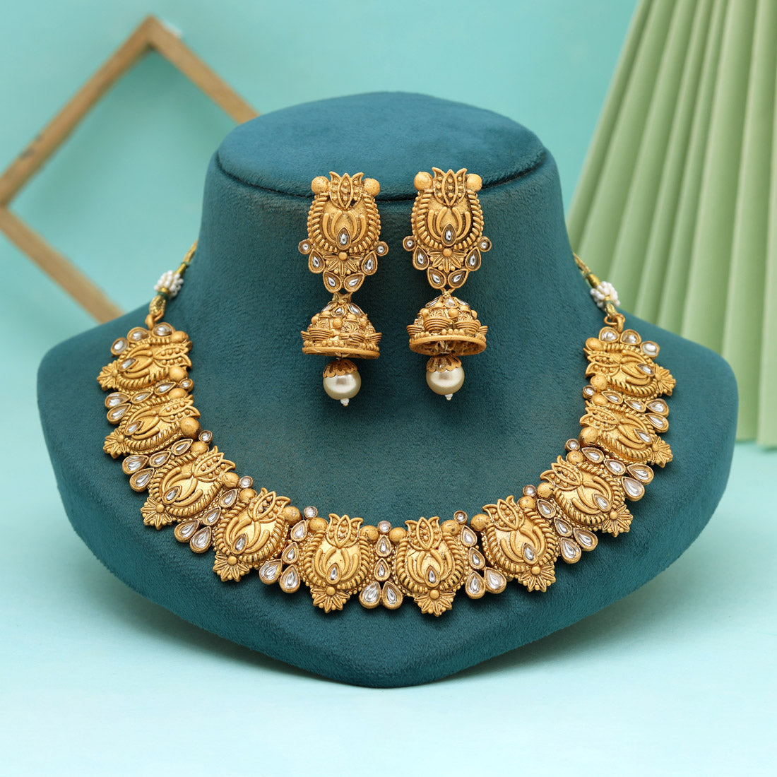 Gold Color Matte Gold Rajwadi Temple Necklace Set (TPLN658GLD)