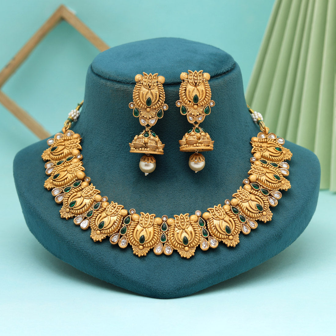 Green Color Matte Gold Rajwadi Temple Necklace Set (TPLN658GRN)