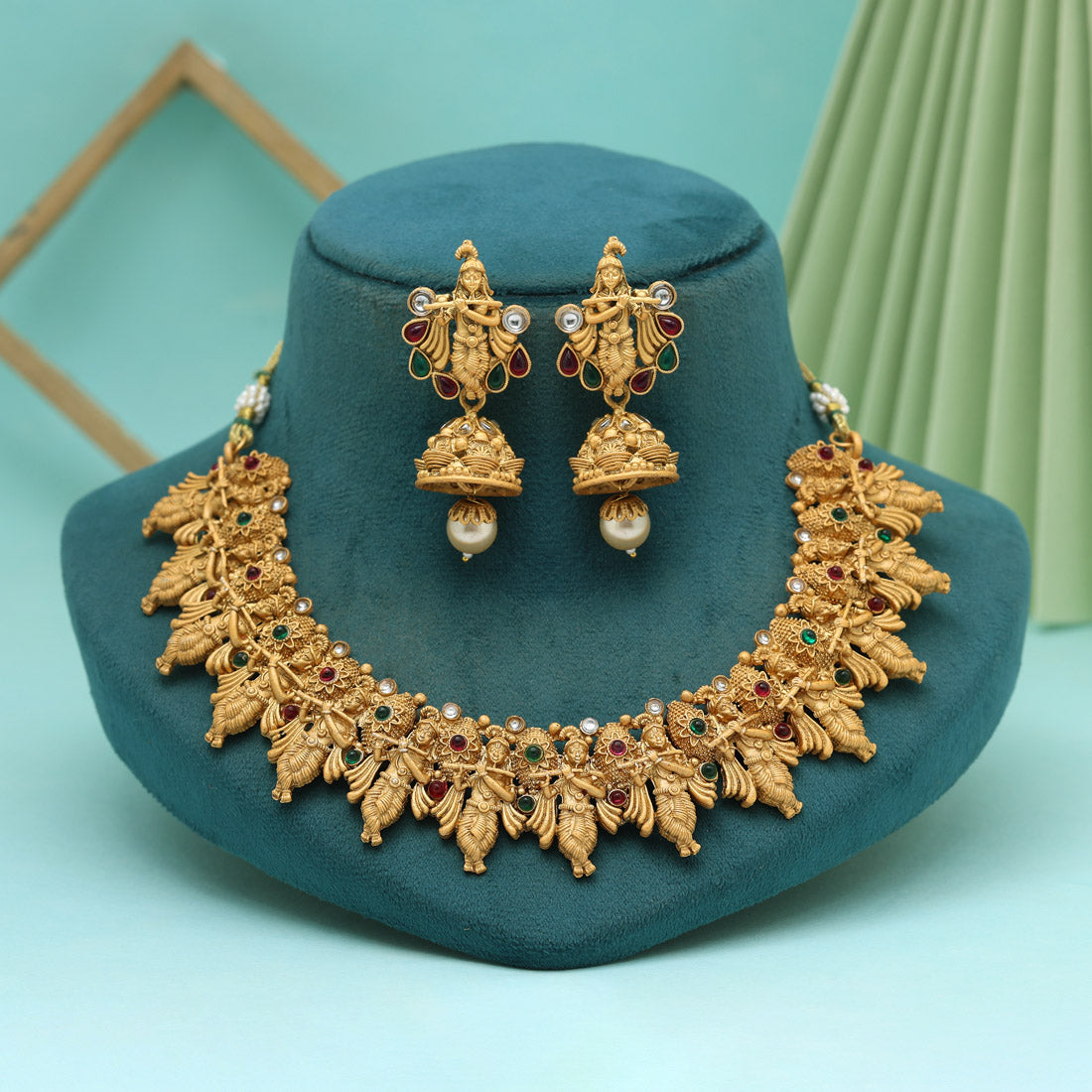Rani & Green Color Matte Gold Rajwadi Temple Necklace Set (TPLN659RNIGRN)