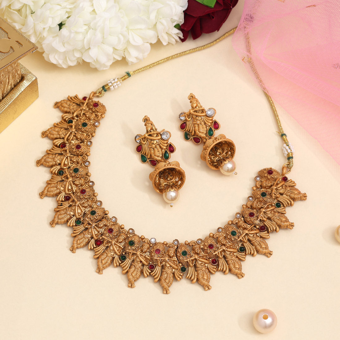 Rani & Green Color Matte Gold Rajwadi Temple Necklace Set (TPLN659RNIGRN)