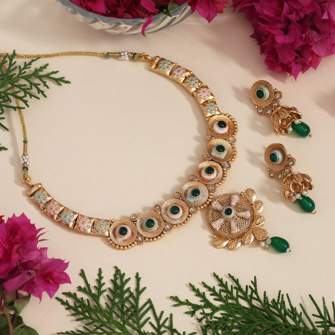 Green Color Meena Work Matte Gold Rajwadi Temple Necklace Set (TPLN671GRN)
