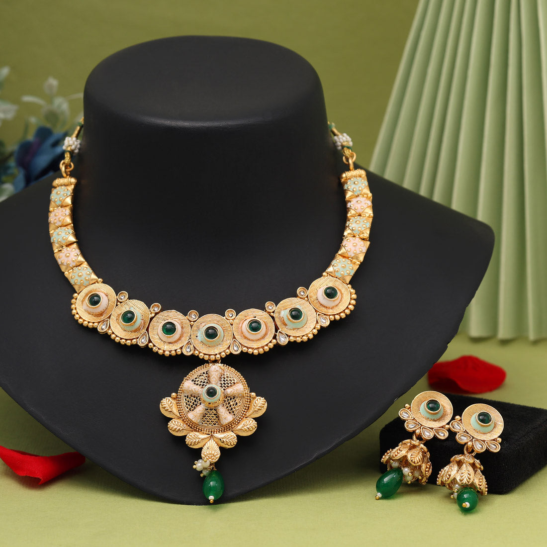 Green Color Meena Work Matte Gold Rajwadi Temple Necklace Set (TPLN671GRN)