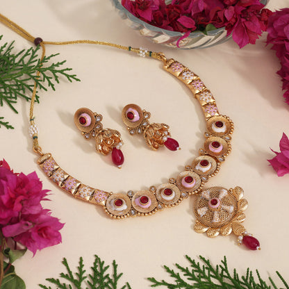 Rani Color Meena Work Matte Gold Rajwadi Temple Necklace Set (TPLN671RNI)
