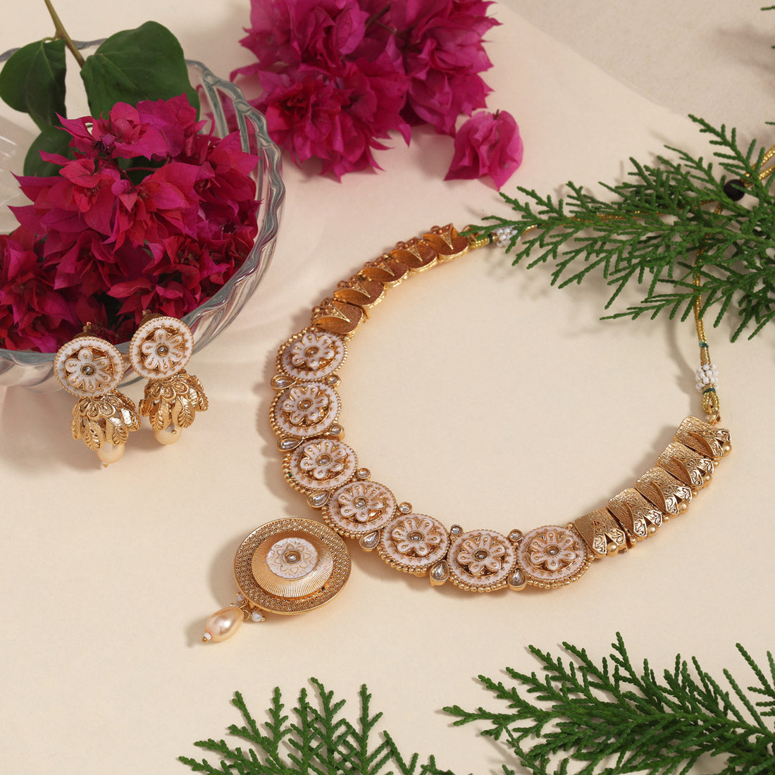 Gold Color Matte Gold Rajwadi Temple Necklace Set (TPLN673GLD)