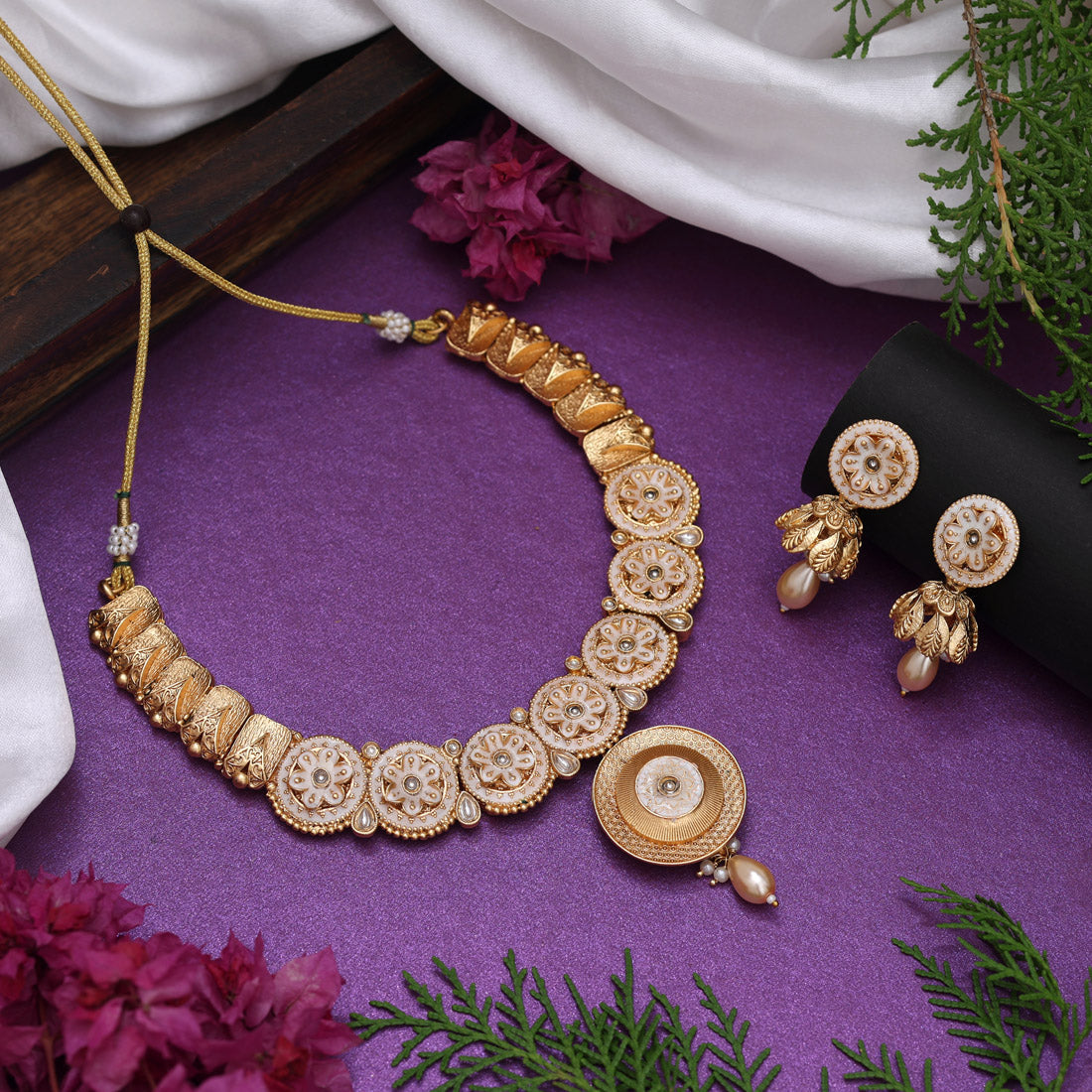 Gold Color Matte Gold Rajwadi Temple Necklace Set (TPLN673GLD)