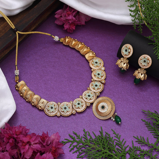 Green Color Matte Gold Rajwadi Temple Necklace Set (TPLN673GRN)