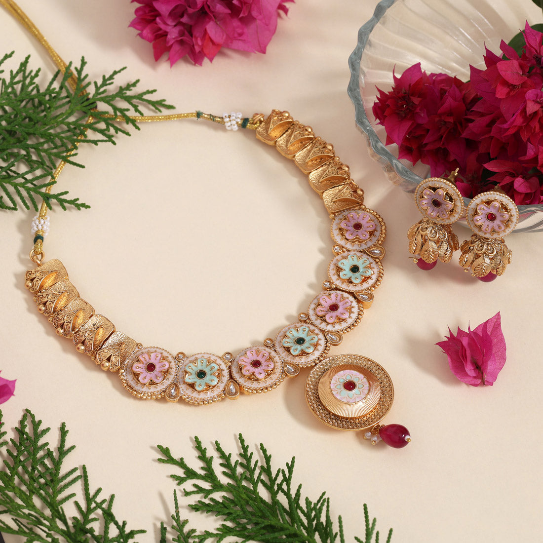 Rani & Green Color Matte Gold Rajwadi Temple Necklace Set (TPLN673RNIGRN)