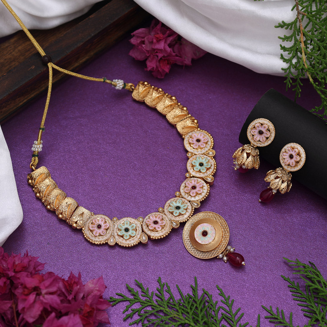 Rani & Green Color Matte Gold Rajwadi Temple Necklace Set (TPLN673RNIGRN)