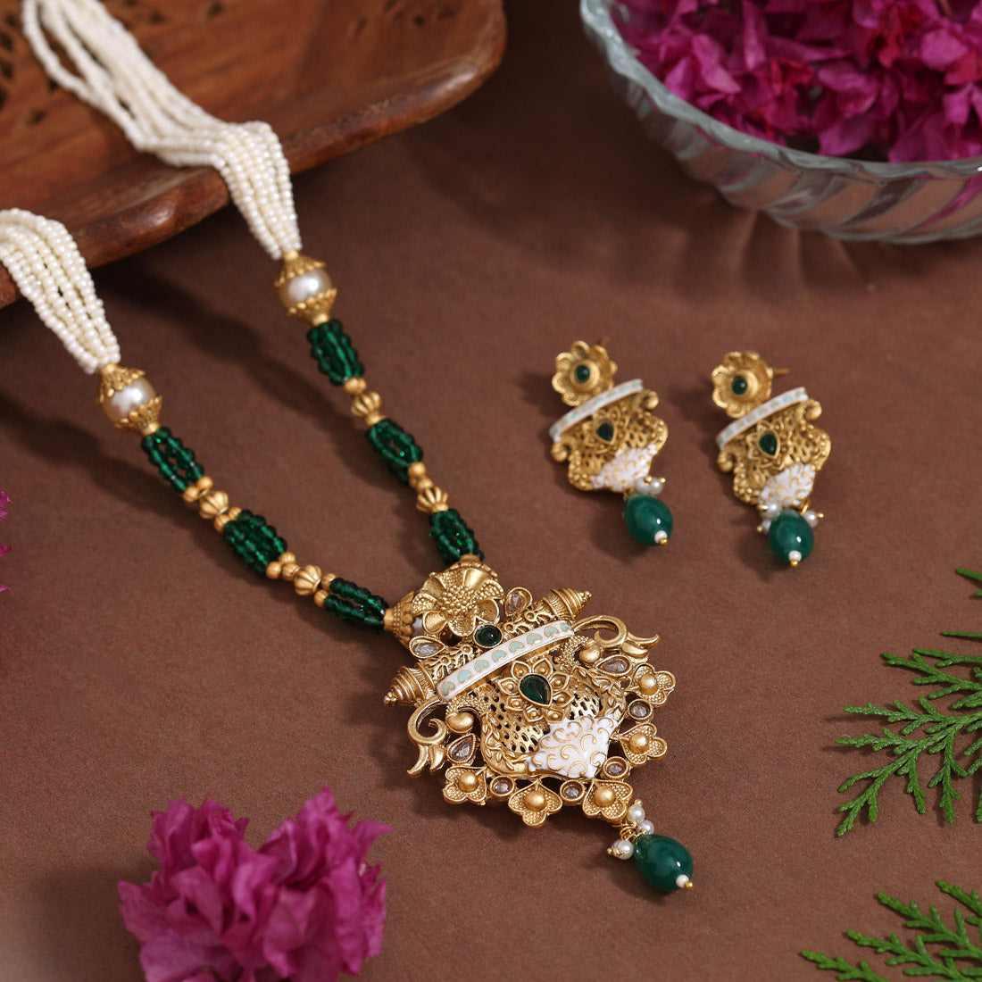 Green Color Meena Work Matte Gold Rajwadi Temple Necklace Set (TPLN674GRN)