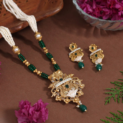 Green Color Meena Work Matte Gold Rajwadi Temple Necklace Set (TPLN674GRN)