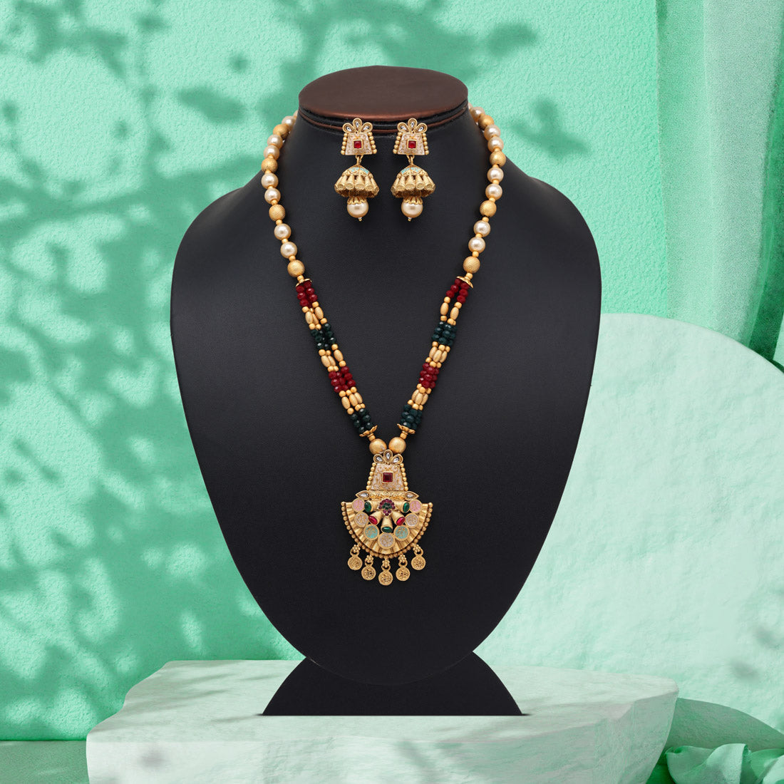 Maroon & Green Color Meena Work Matte Gold Rajwadi Temple Necklace Set (TPLN675MG)