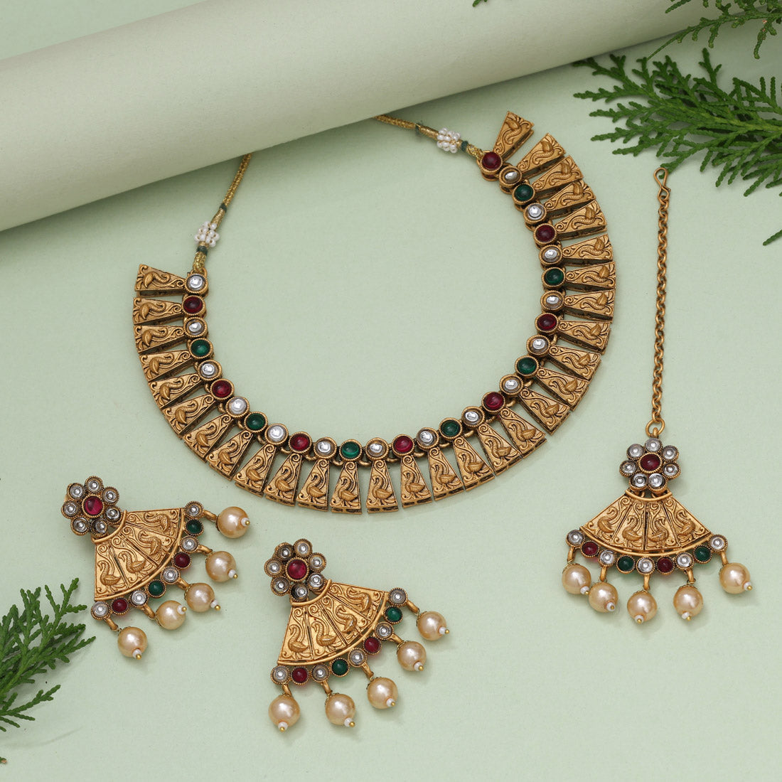 Rani & Green Color Matte Gold Rajwadi Temple Necklace Set (TPLN678RNIGRN)