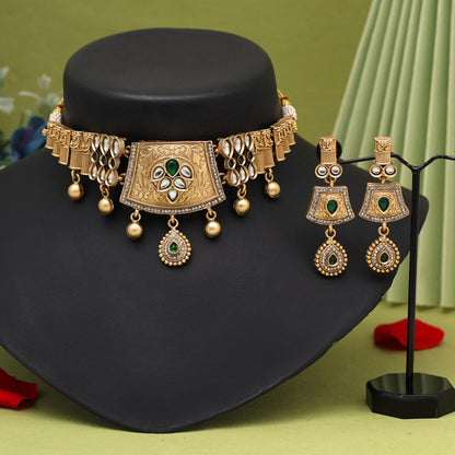 Green Color Choker Matte Gold Rajwadi Temple Necklace Set (TPLN680GRN)