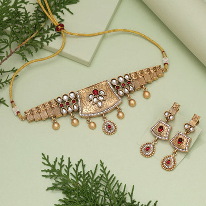 Rani Color Choker Matte Gold Rajwadi Temple Necklace Set (TPLN680RNI)