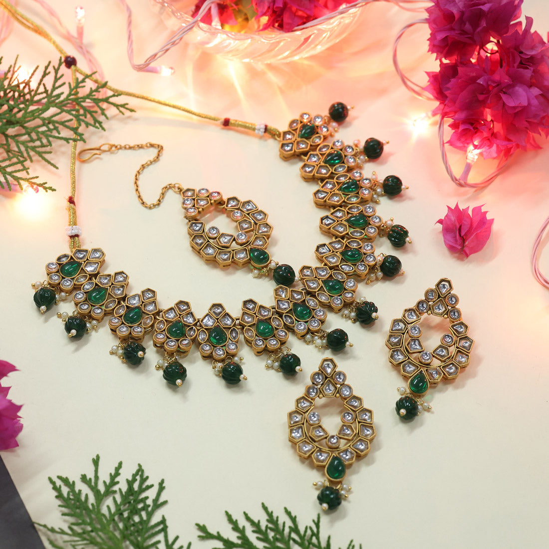 Green Color Matte Gold Rajwadi Temple Necklace Set (TPLN685GRN)