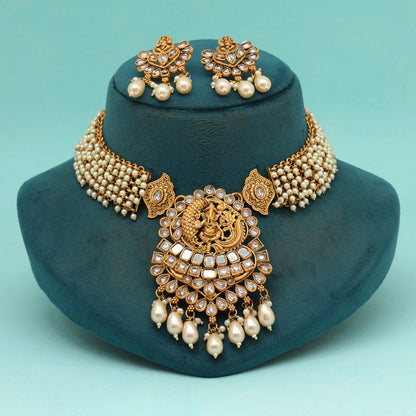 Gold Color Matte Gold Rajwadi Temple Necklace Set (TPLN686GLD)