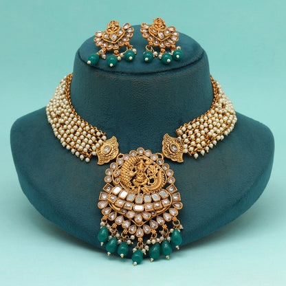 Green Color Matte Gold Rajwadi Temple Necklace Set (TPLN686GRN)