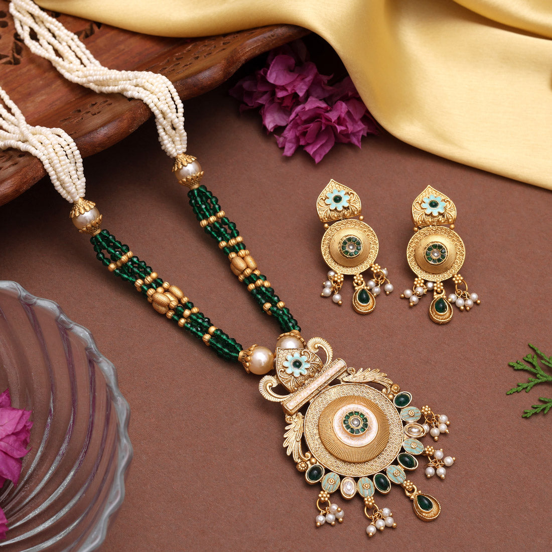 Green Color Meena Work Matte Gold Rajwadi Temple Necklace Set (TPLN690GRN)