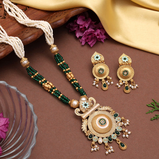 Green Color Meena Work Matte Gold Rajwadi Temple Necklace Set (TPLN690GRN)