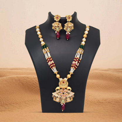 Rani & Green Color Meena Work Matte Gold Rajwadi Temple Necklace Set (TPLN694RNIGRN)
