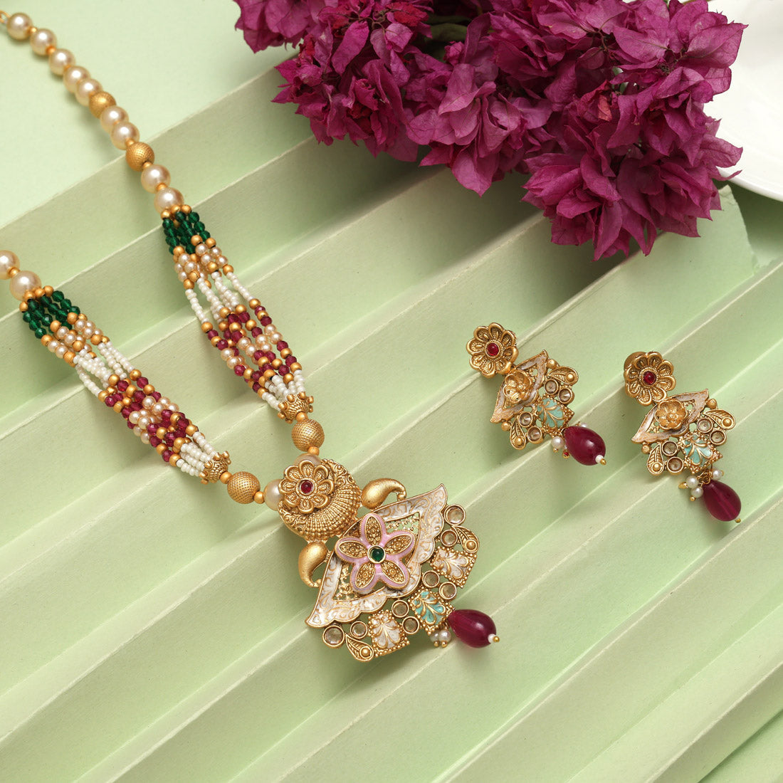 Rani & Green Color Meena Work Matte Gold Rajwadi Temple Necklace Set (TPLN694RNIGRN)