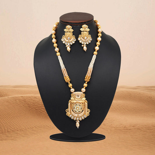 Gold Color Meena Work Matte Gold Rajwadi Temple Necklace Set (TPLN695GLD)